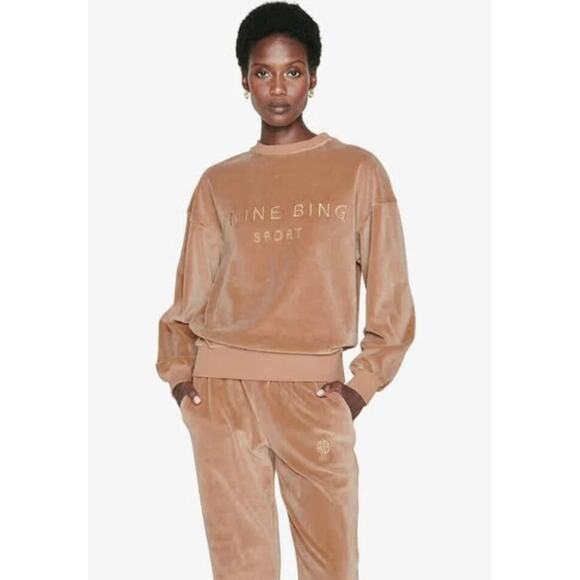 Anine Bing Evan Velour Sweatshirt in Taupe size S small - Picture 2 of 6